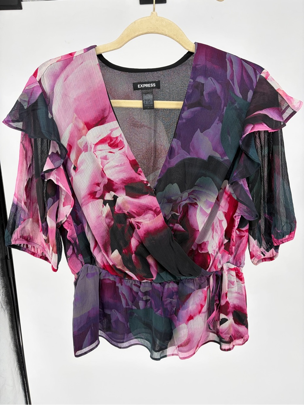 Express Pink and Purple Floral Wrap Blouse